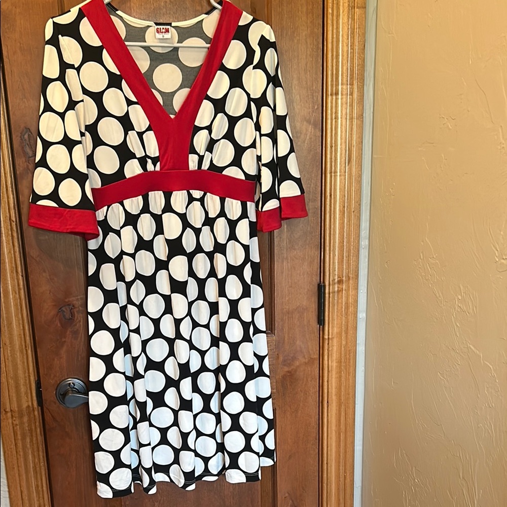 Chic Black and White Polka Dot Maternity Dress with Red Accents